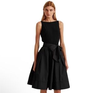 LRL RALPH LAUREN Black Sleeveless Dress Tafetta Full Skirt, Bow, Pockets Size 12